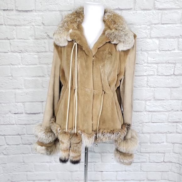 Karen Rizzi Brown Mink Fur Coat Suede Sleeves Drawstring Waist Fits a S/M - Picture 2 of 12
